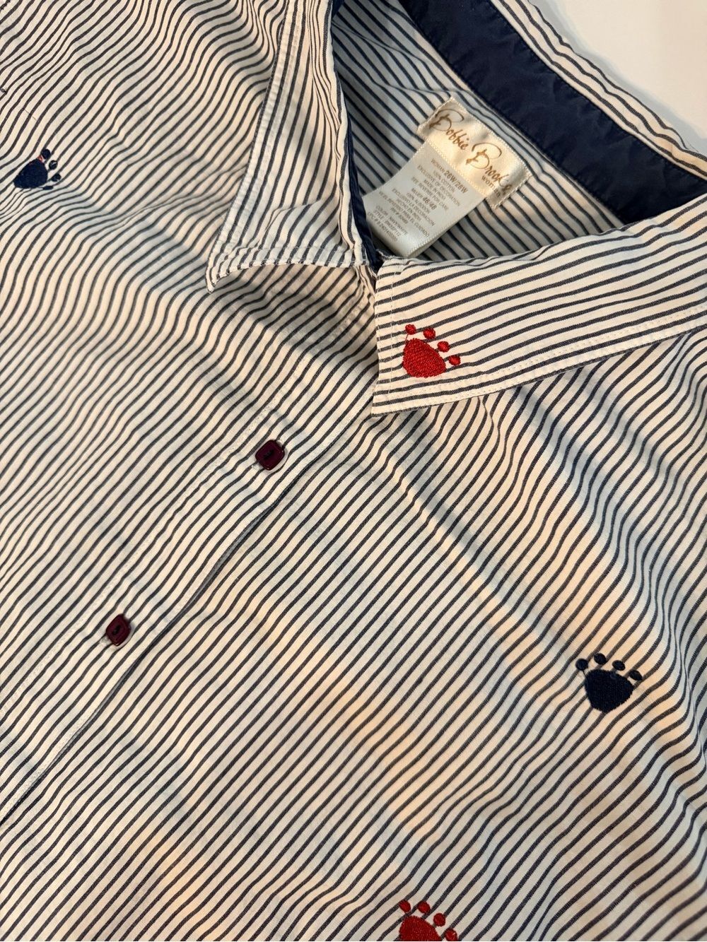 Bobbie Brooks Striped Cat Embroidered Button Up Shirt 26W 28W Red White Blue